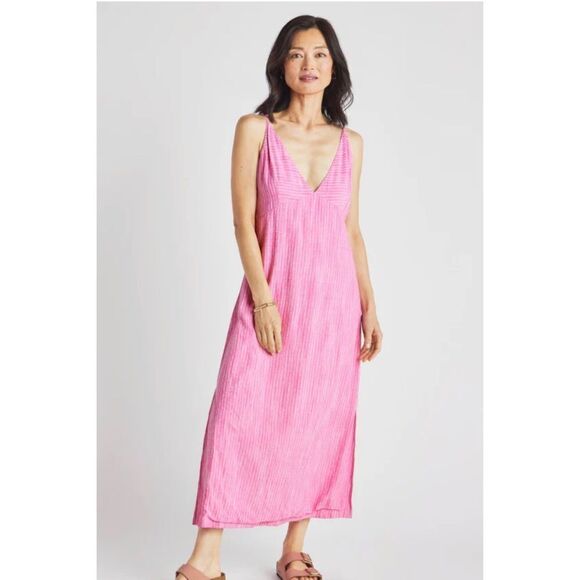 New Splendid Pink & White Midi Dress Linen Blend Vertical Striped Size Large - Picture 1 of 10
